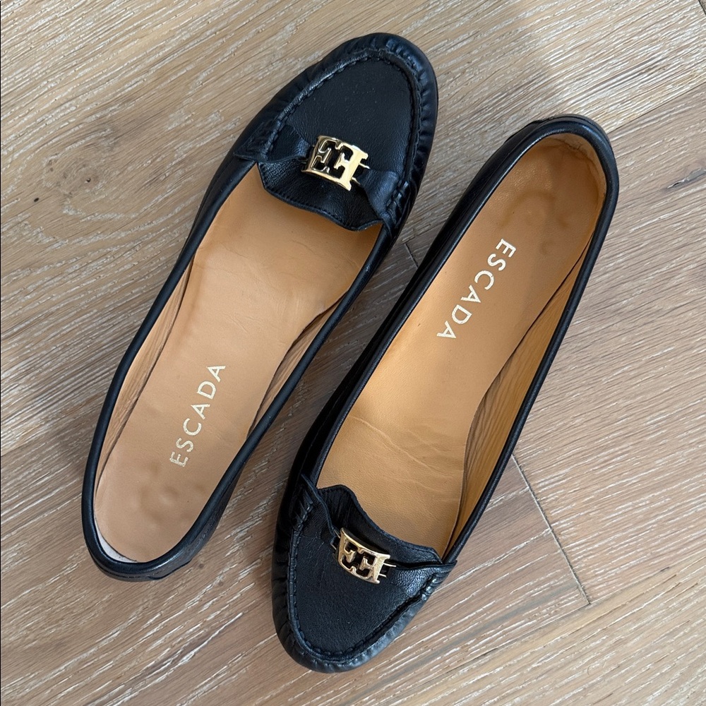 Escada Black Leather Flats with Gold Accent
